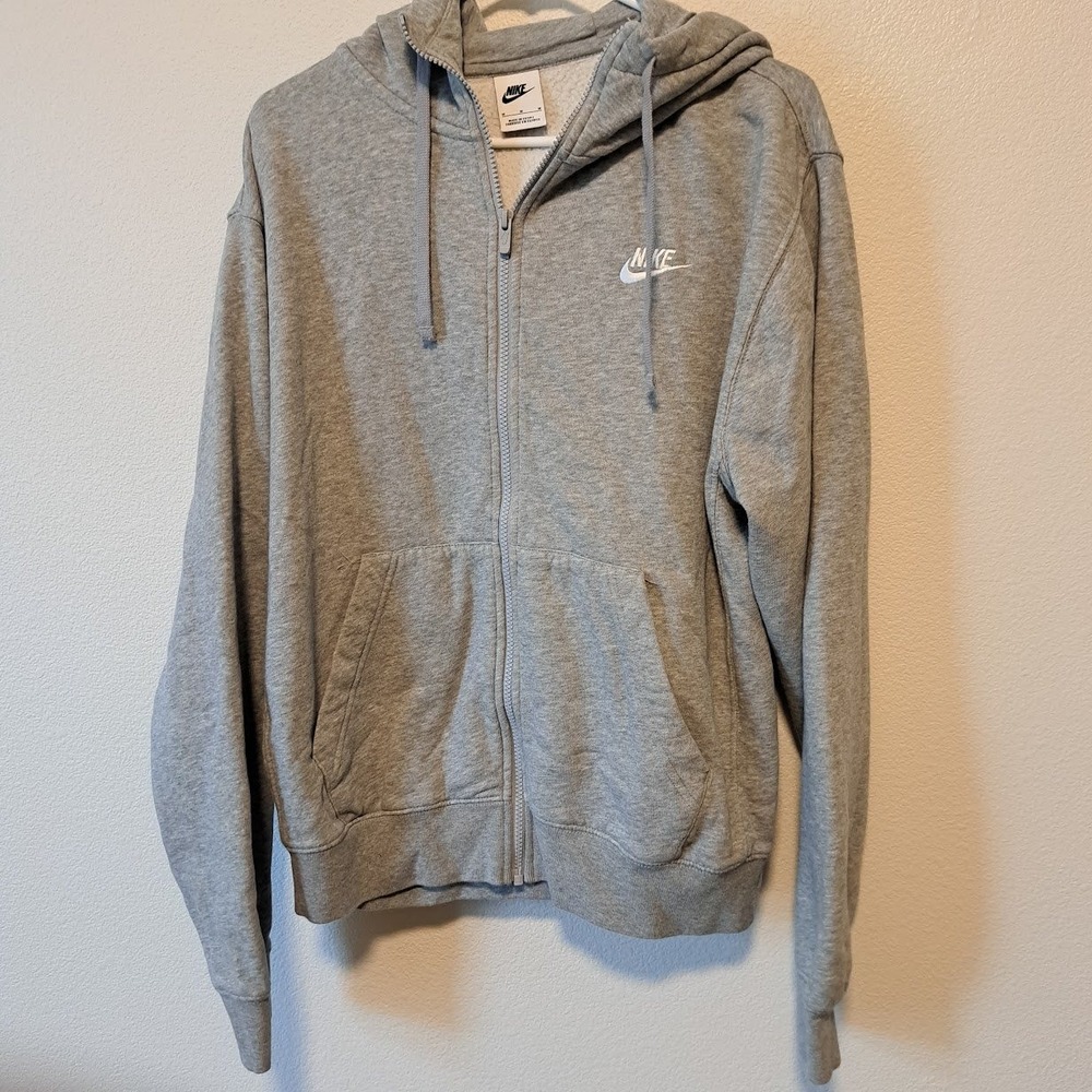 Nike Mens Club Fleece Full Zip Hoodie Heather Grey Embroidered Logo Size M